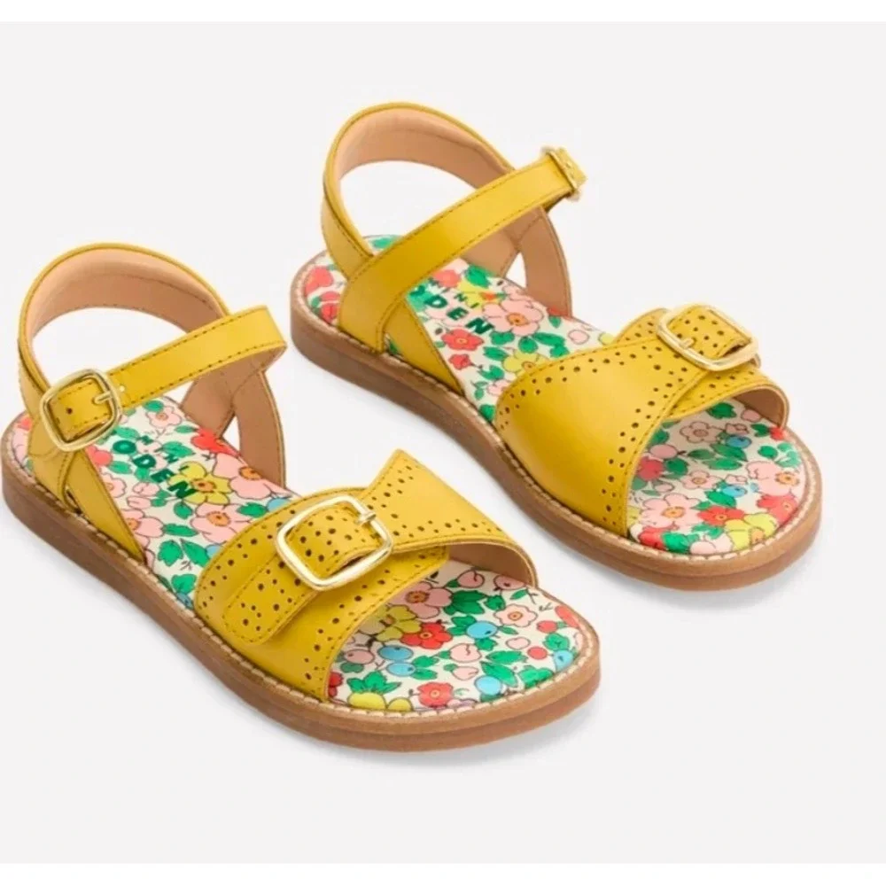 Boden Kids Yellow Leather Floral Footbed Buckle Sandals G1480 Size 22/6-6.5 c US